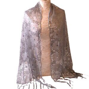 Sequin Shawl Silver Gray NEW Fringed Lace special occasion evening wrap scarf